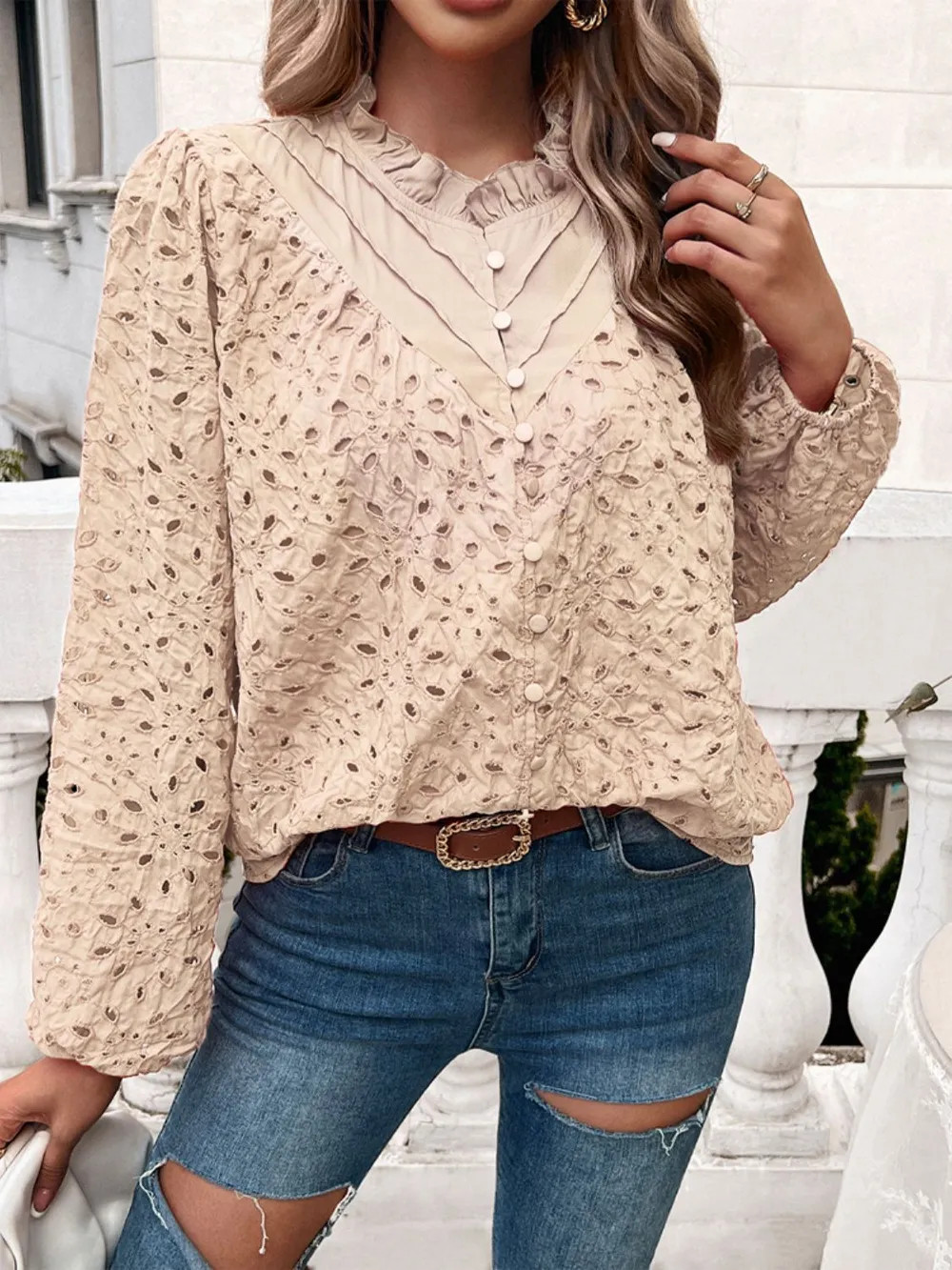Frill Round Neck Long Sleeve Shirt, image 25