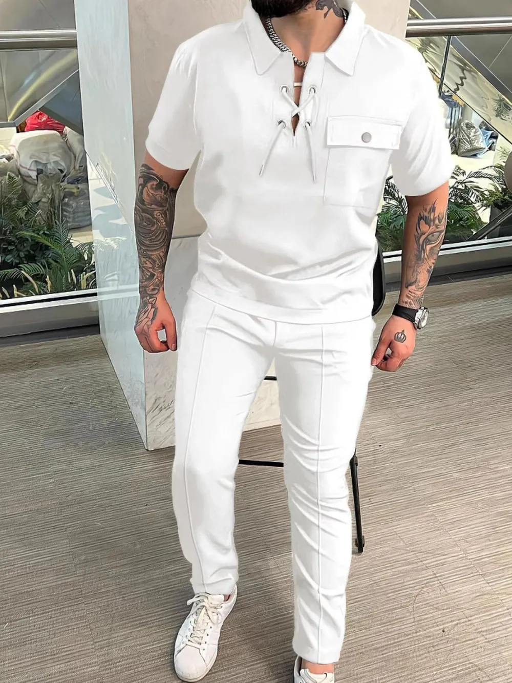Men's Full Size Lace Up Short Sleeve Top and Pants Plus Size, image 2