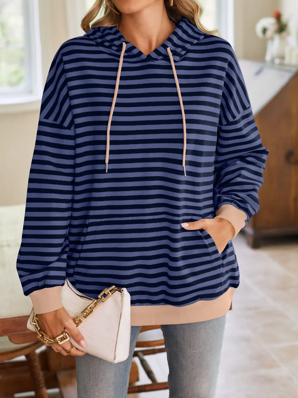 Drawstring Striped Long Sleeve Hoodie, image 28