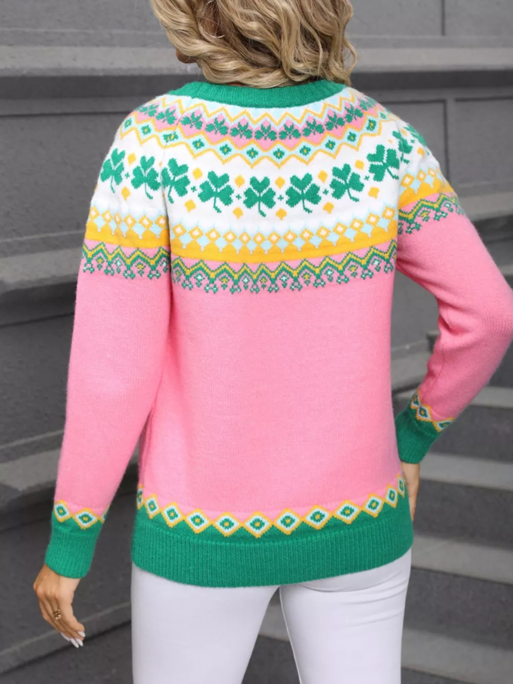 Clover Pattern Round Neck Knitted Sweater, image 10