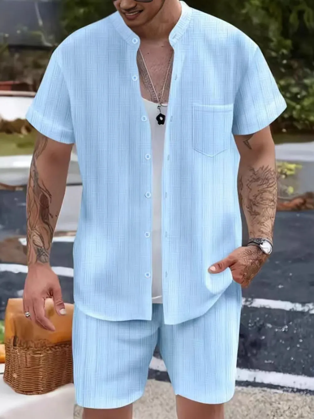 Men's Button Up Short Sleeve Shirt and Shorts Set, image 3