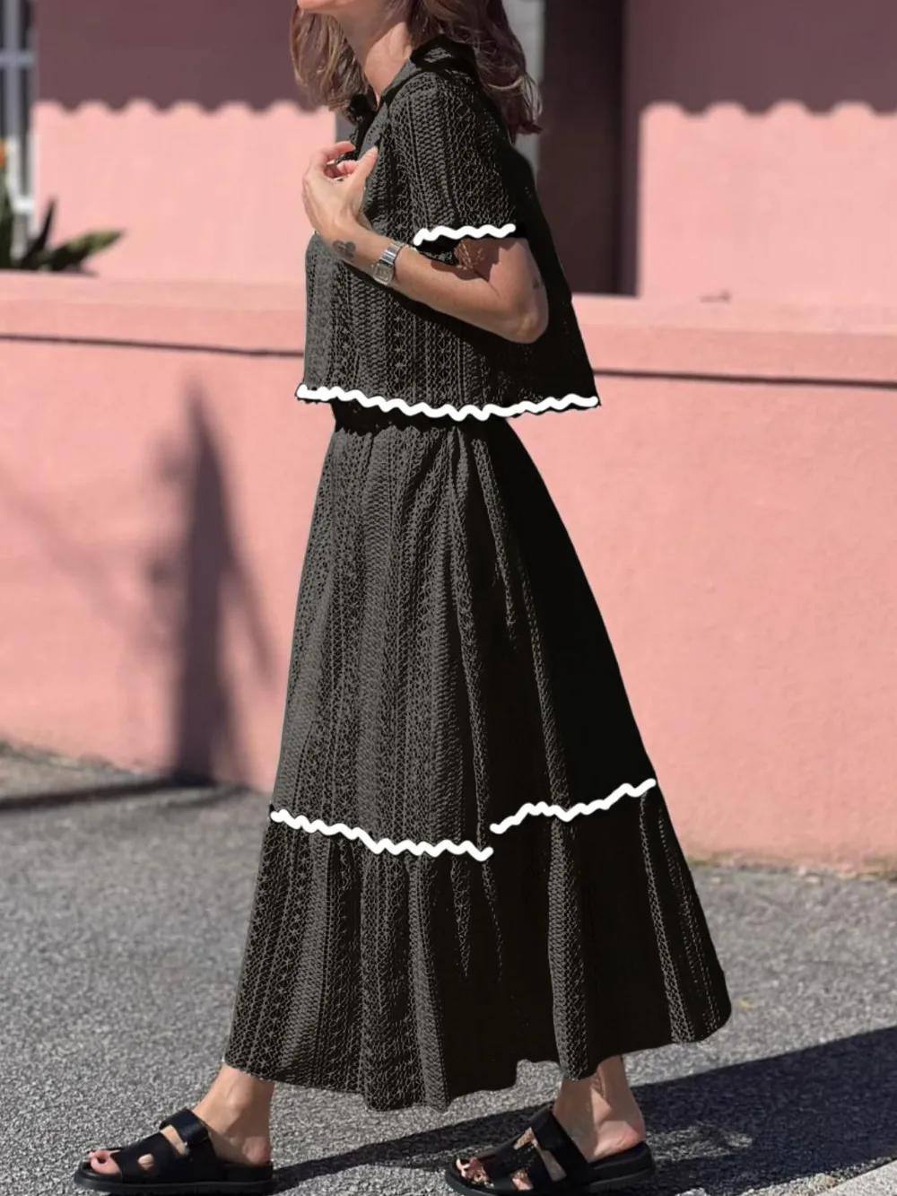 Contrast Trim Openwork Short Sleeve Top and Skirt Set, image 6