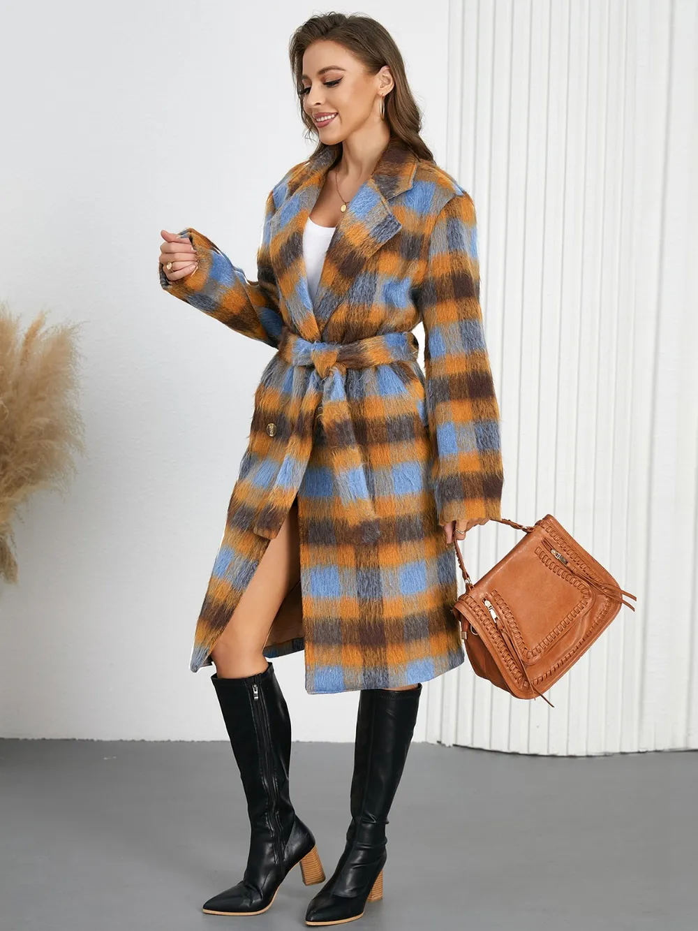 Tied Plaid Collared Neck Coat, image 3