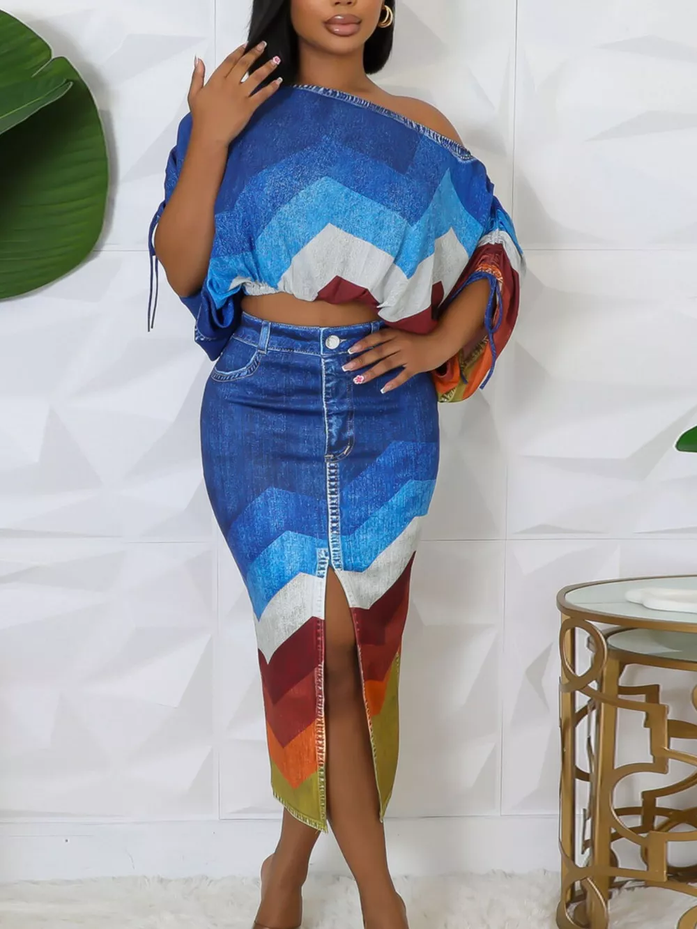 One Shoulder Top and Slit Skirt Set, image 5