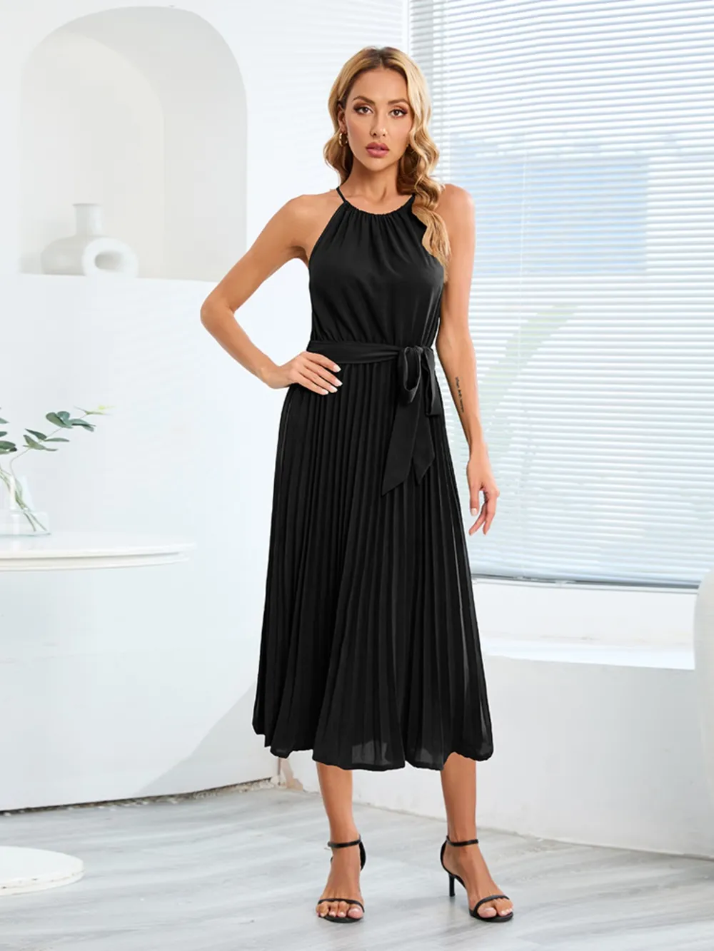 Pleated Spaghetti Strap Tie Waist Midi Dress, image 13