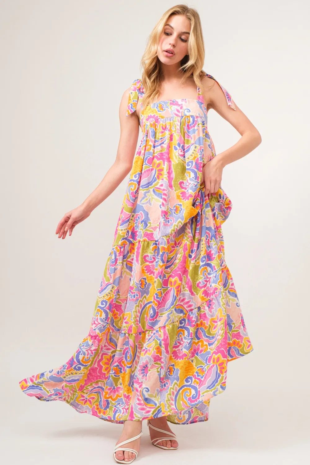 Full Size Printed Tie Shoulder Tiered Maxi Dress, image 3