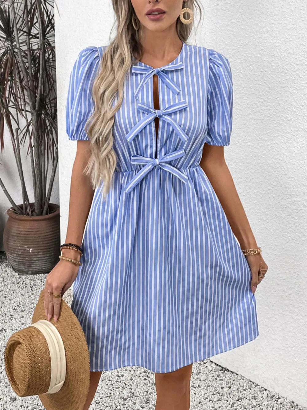 Tied Striped Short Sleeve Mini Dress, image 5