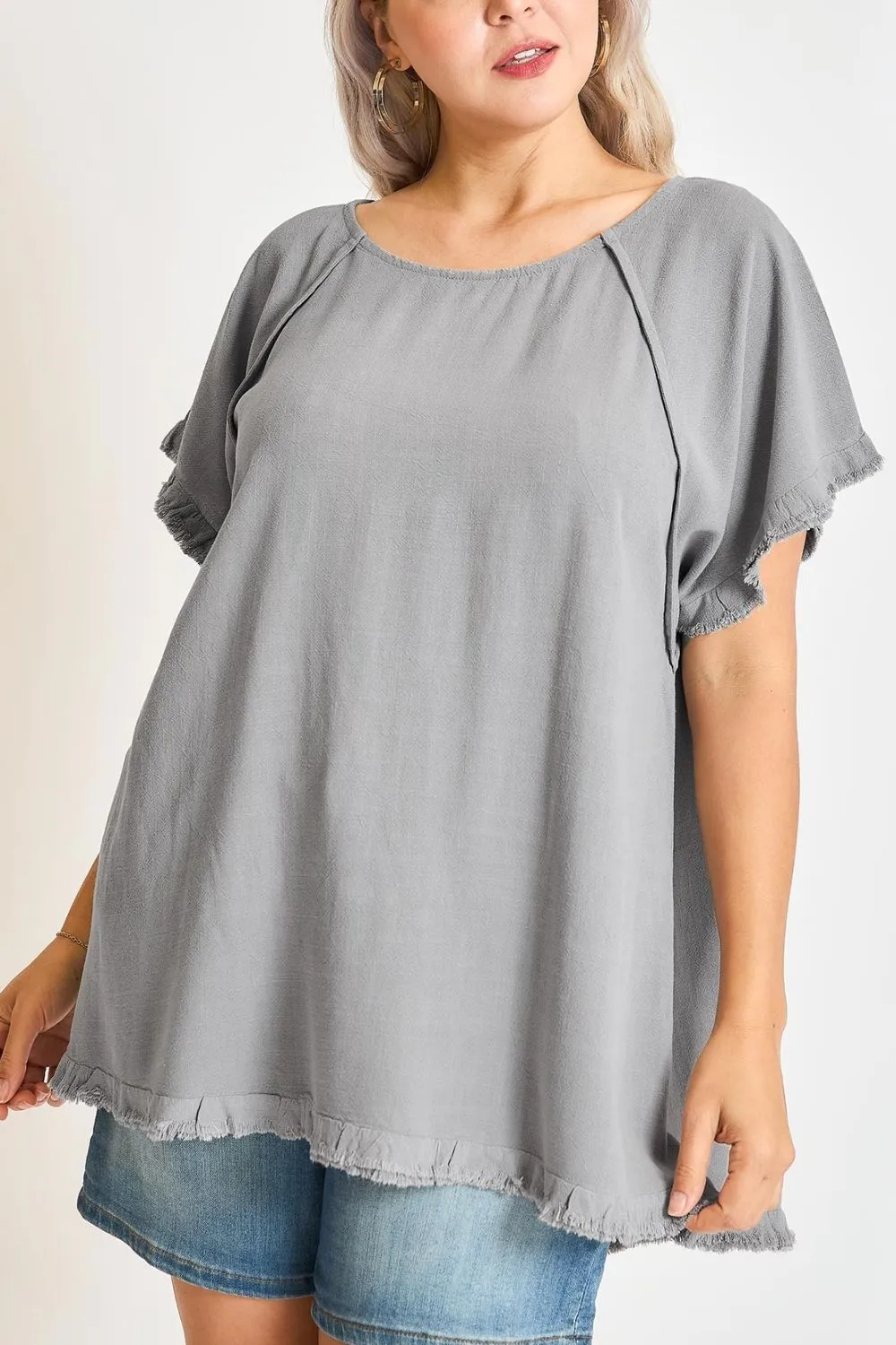 Full Size Seam Detail Linen Ruffle Fringe Edge Top Plus Size, image 4