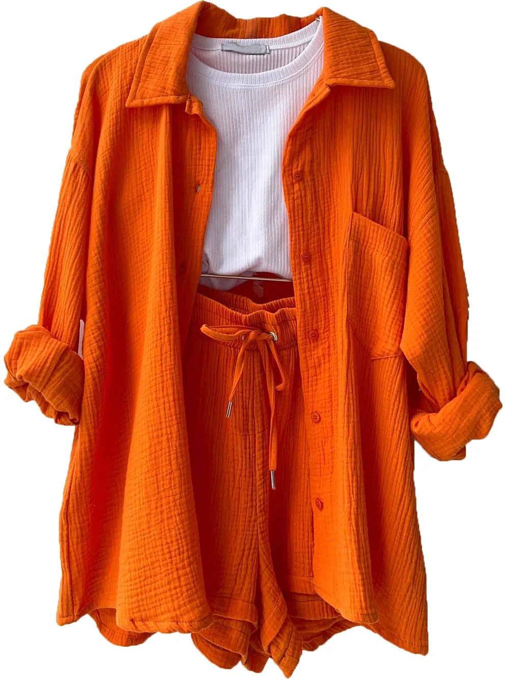 Texture Button Up Shirt and Drawstring Shorts Set, image 29