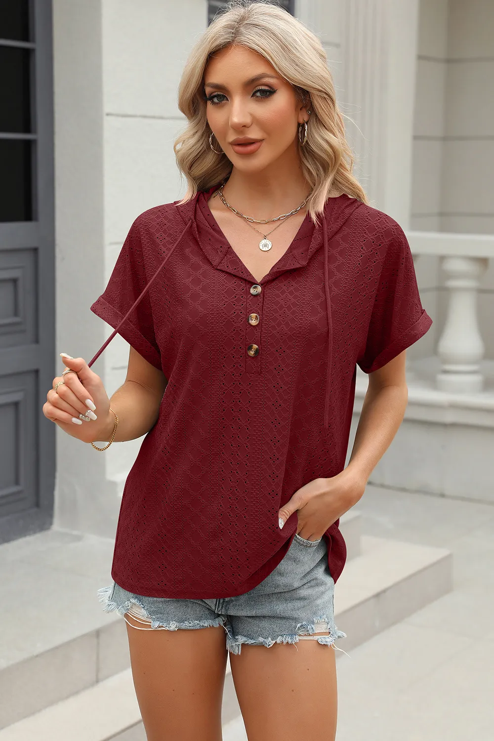 Eyelet Drawstring Hooded Short Sleeve Blouse, image 6