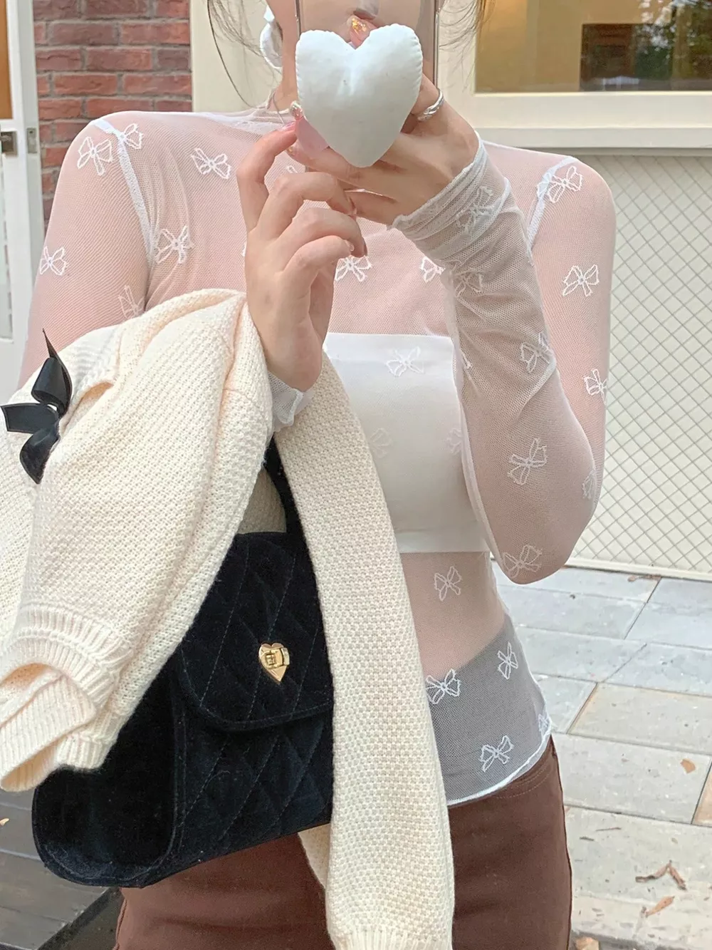 Bow Print Sheer Mesh Top, image 2