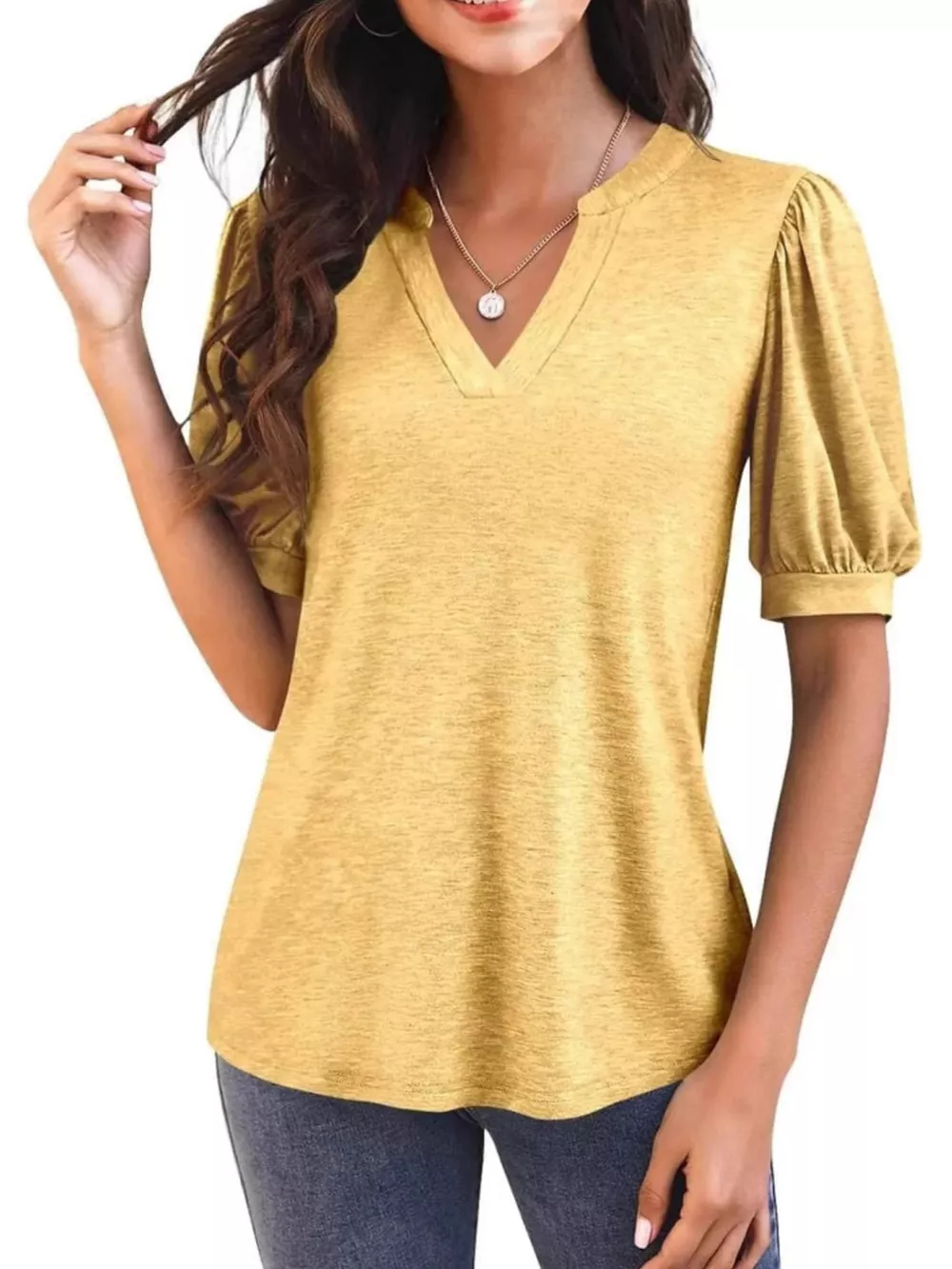Puff Sleeve Notched Casual T-Shirt, image 25