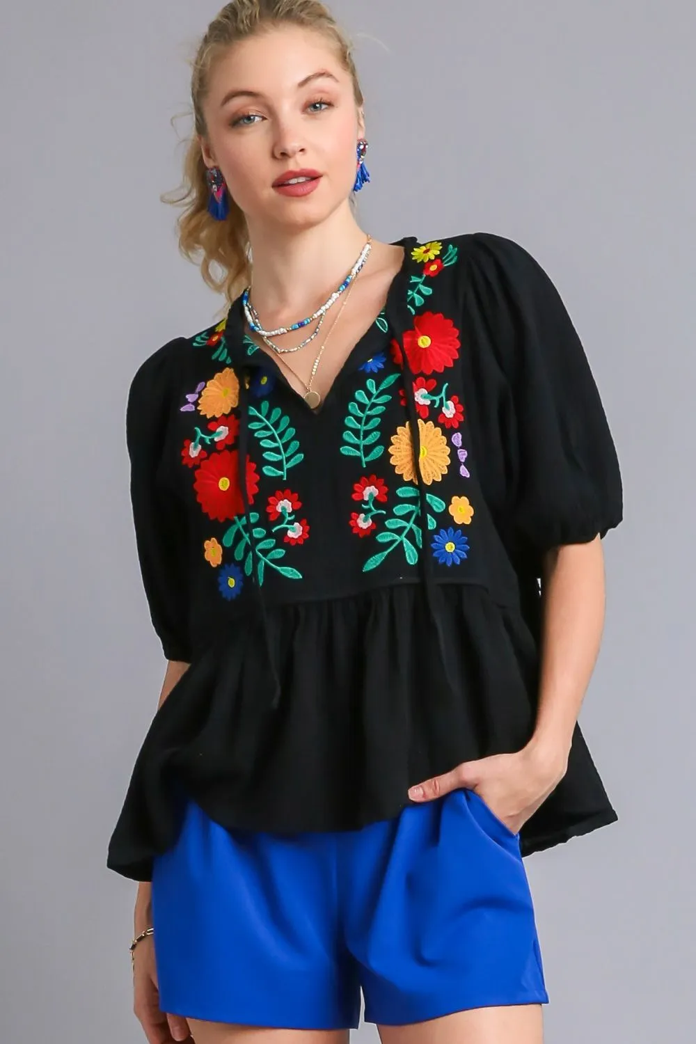 Full Size Cotton Gauze Floral Embroidery Babydoll Blouse Plus Size