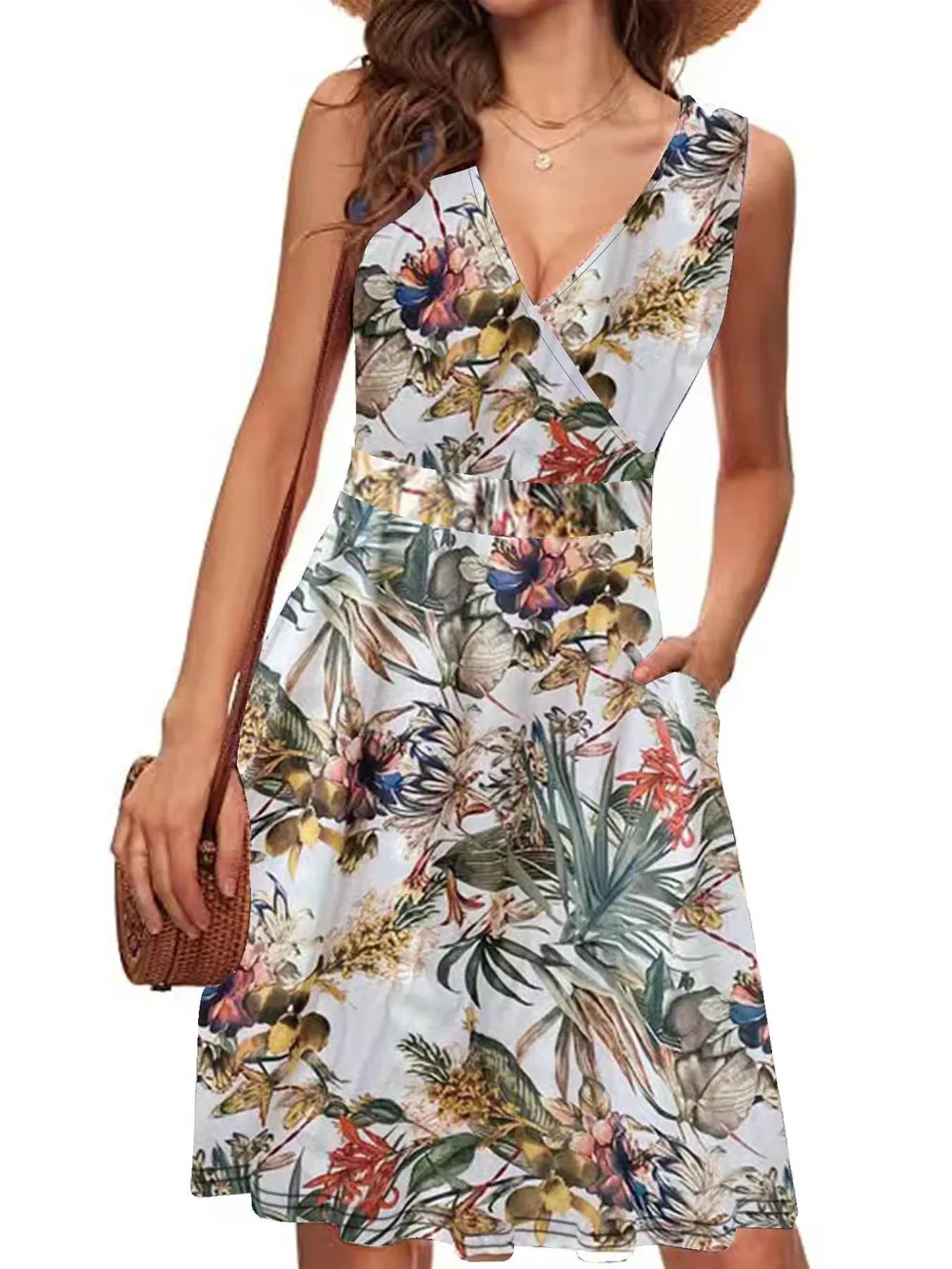 Printed Surplice Sleeveless Dress, image 4