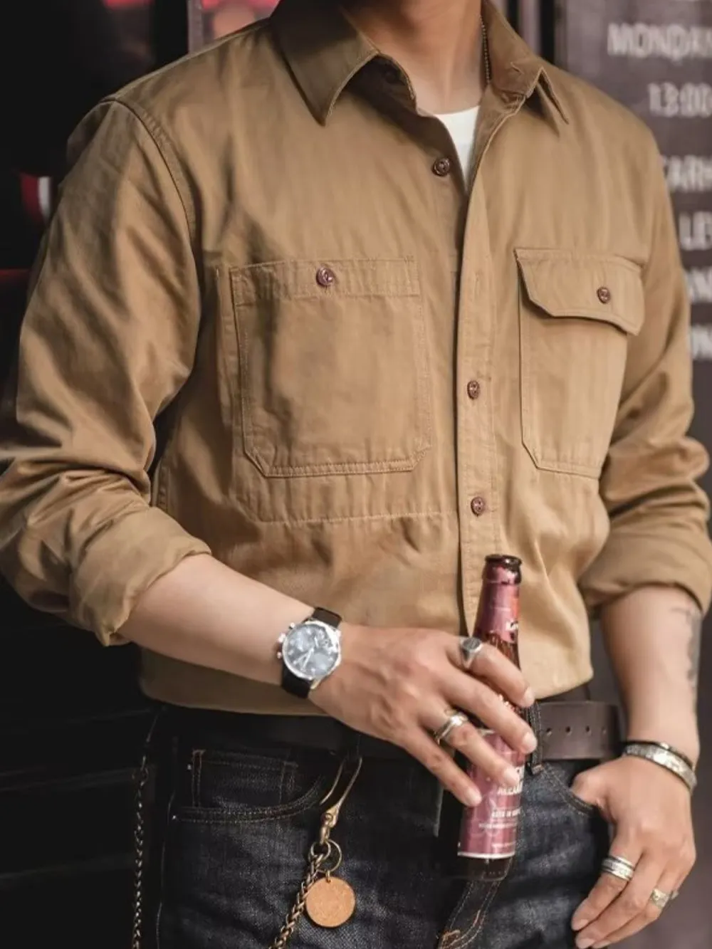 Men's Button Down Long Sleeve Shirt with Chest Pockets, image 2