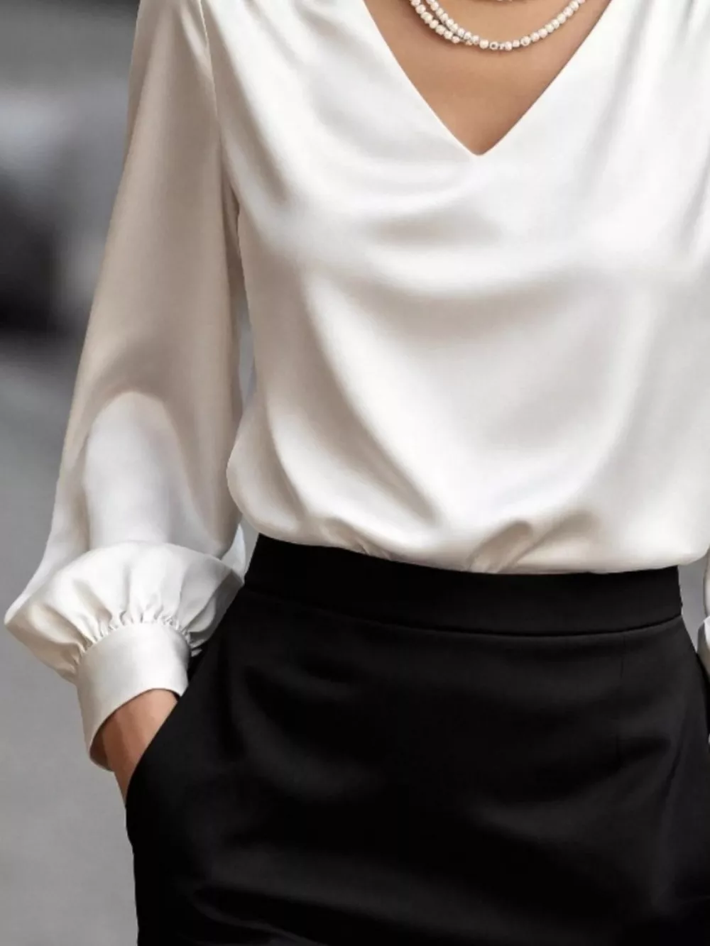 Satin V-Neck Long Sleeve Blouse, image 8