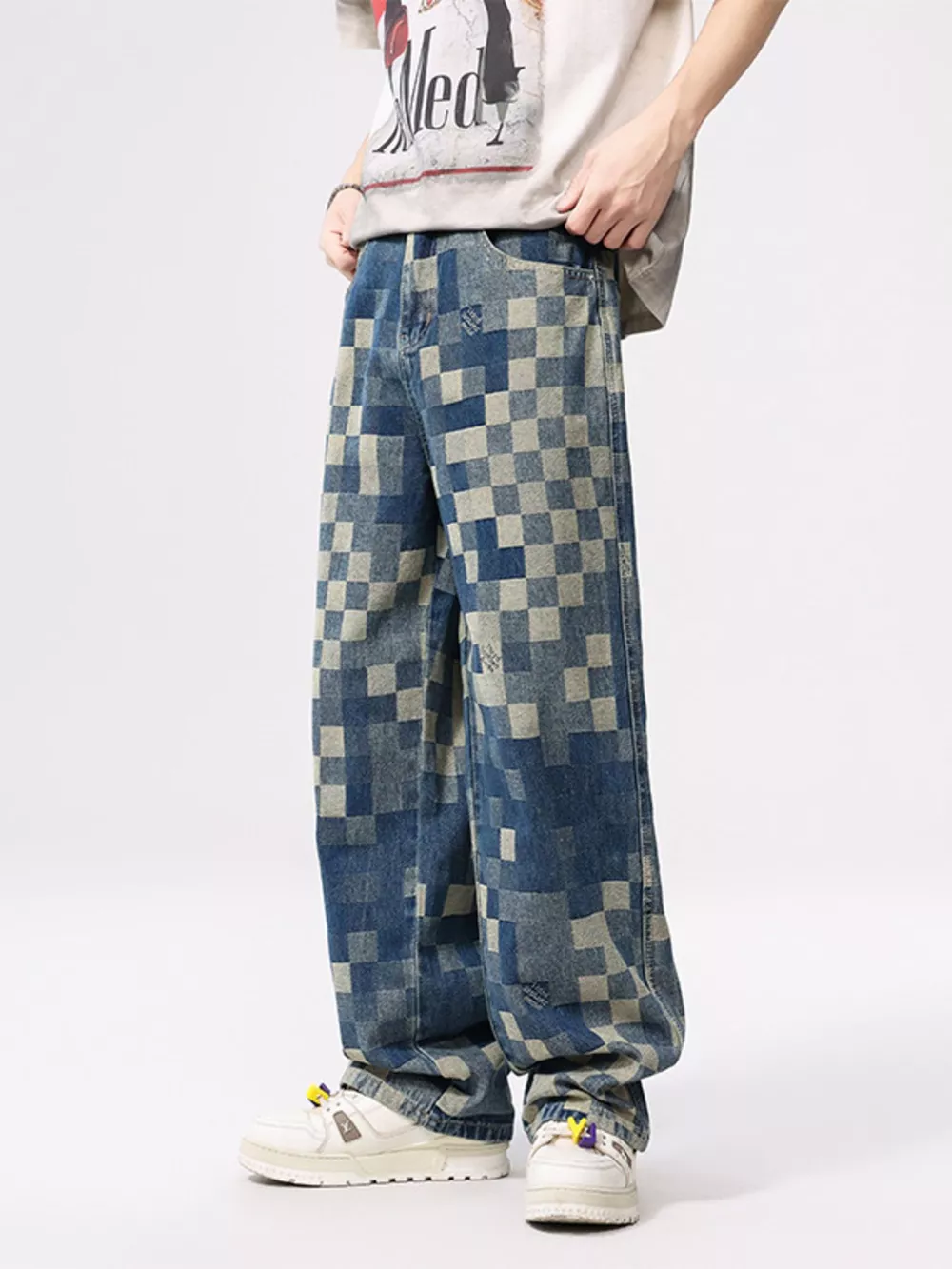 Men's Checkered Wide Leg Jeans, image 3