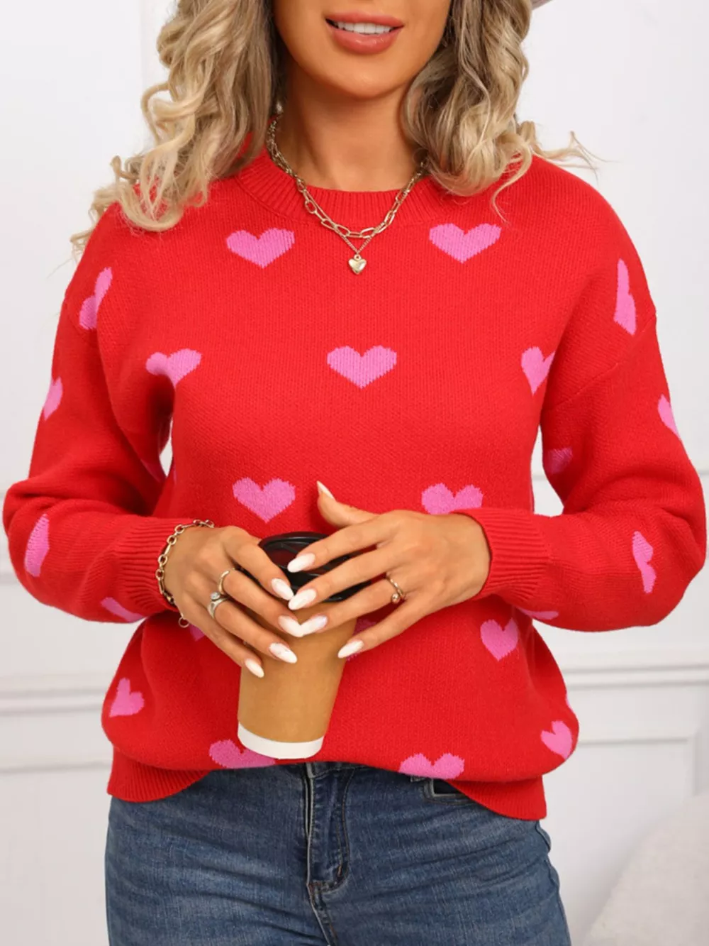 Valentine's Day Heart Pattern Dropped Shoulder Sweater, image 13