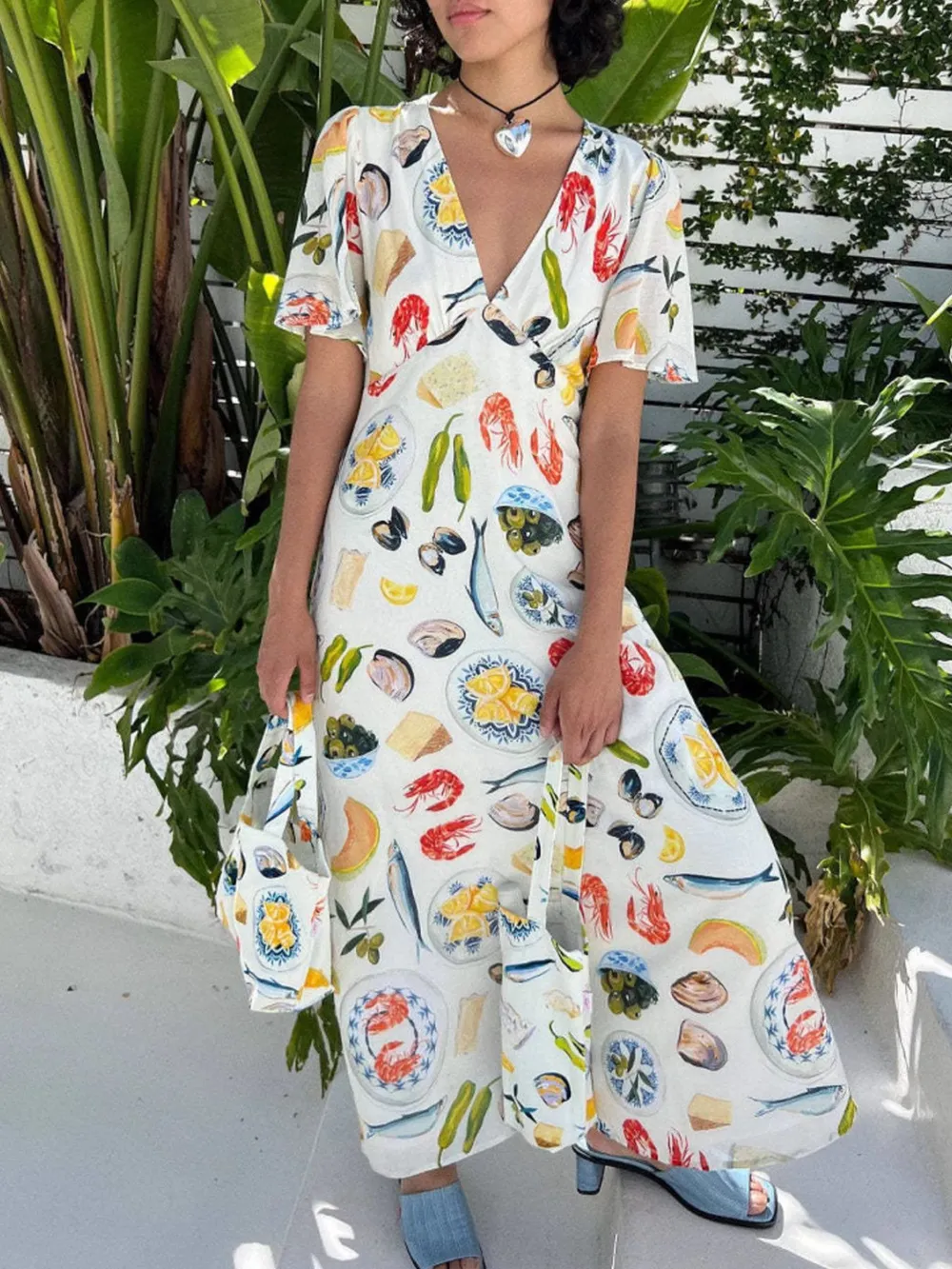 Printed V-Neck Short Sleeve Dress, image 5