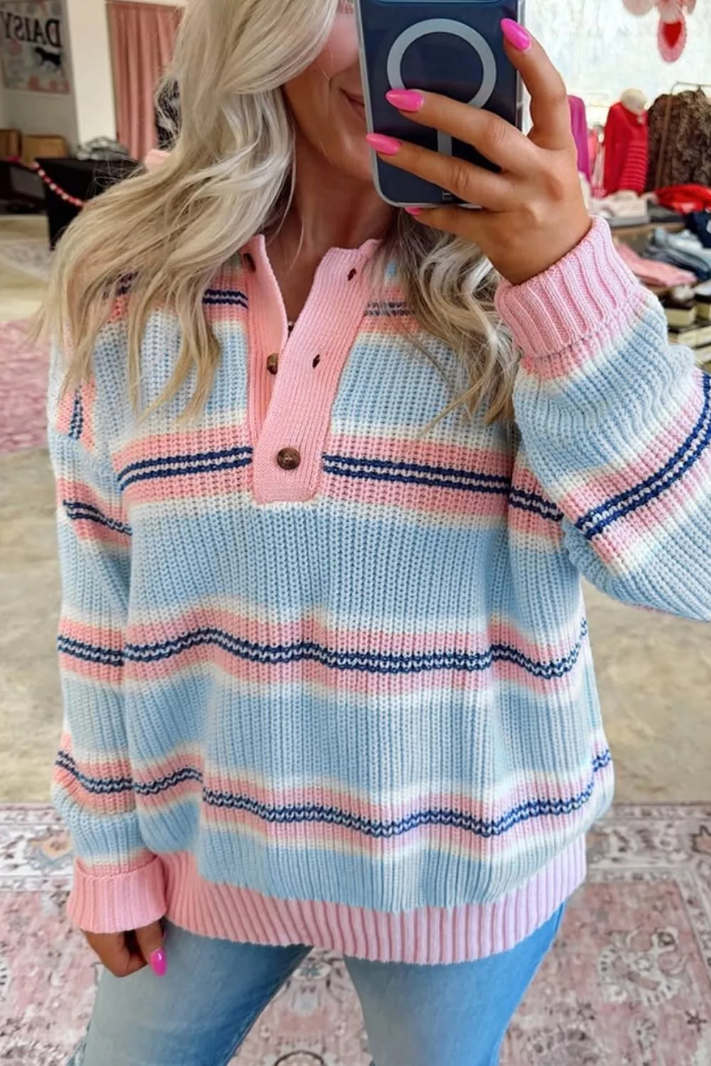Stripe Striped Button Collar Long Sleeve Shift Fit Winter Knitwear Sweater, image 6