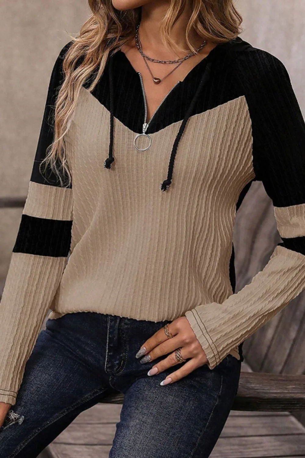 Drawstring Quarter Zip Contrast Long Sleeve Hoodie, image 6