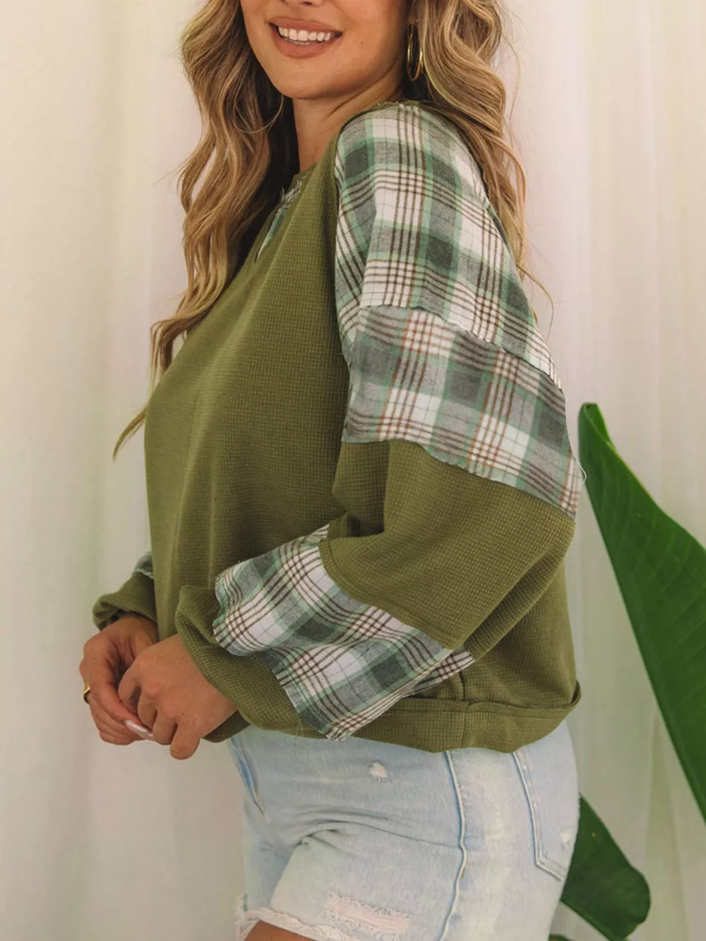 Plaid Patch Waffle Knit Exposed Seam Bubble Sleeve Top, image 4