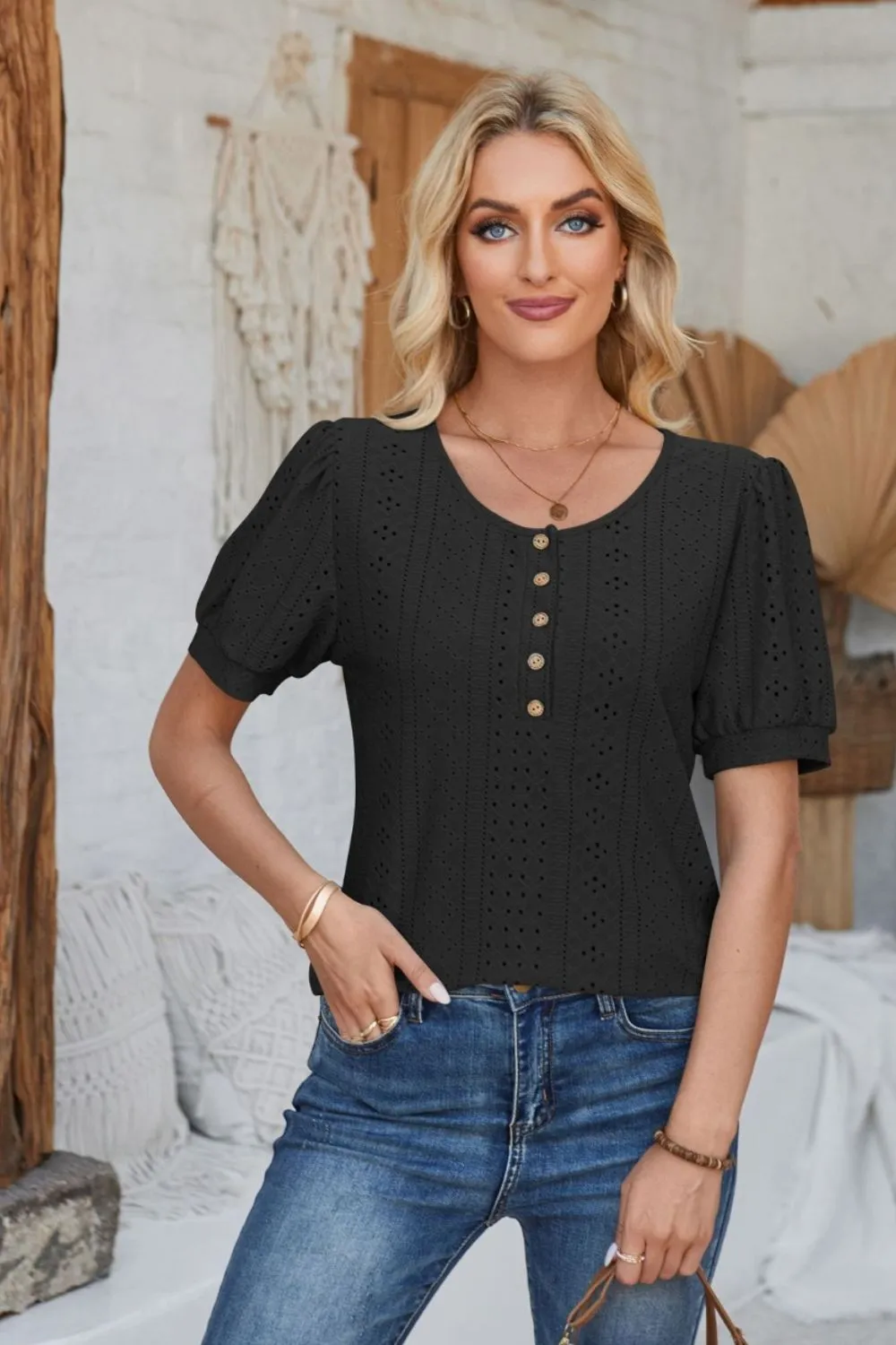 Eyelet Round Neck Short Sleeve Blouse, image 3