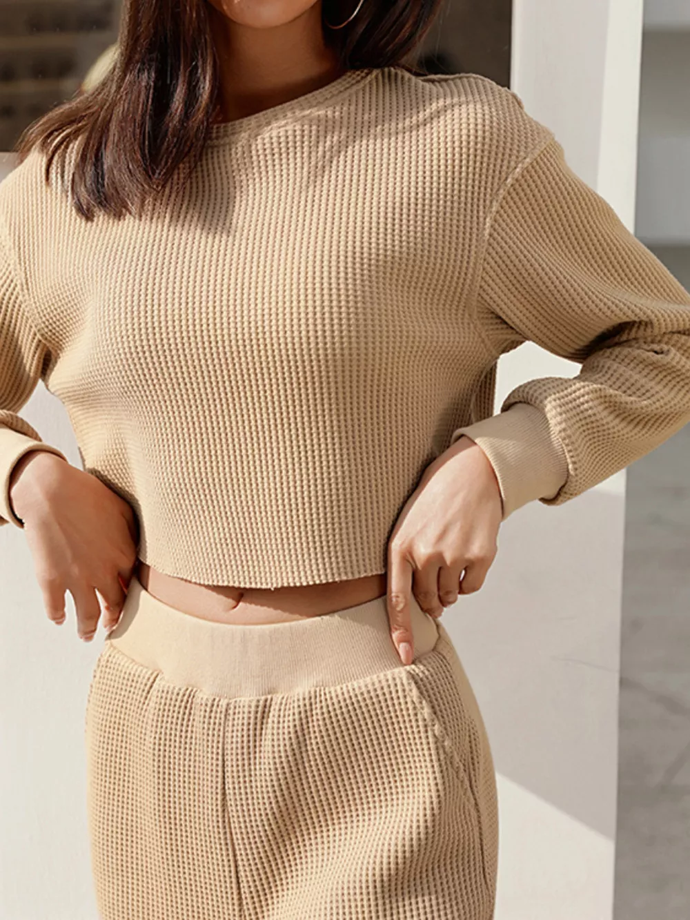 Waffle-Knit Round Neck Top and Pants Set, image 12