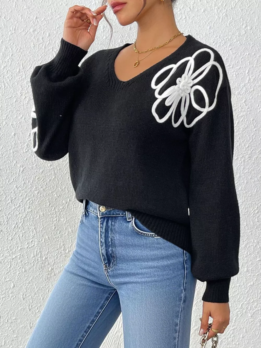 Flower V-Neck Dropped Shoulder Sweater, image 2