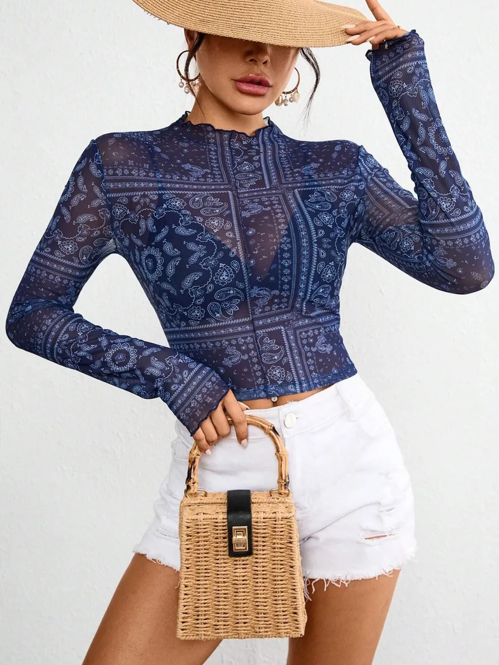 Paisley Mock Neck Long Sleeve Sheer Top, image 6