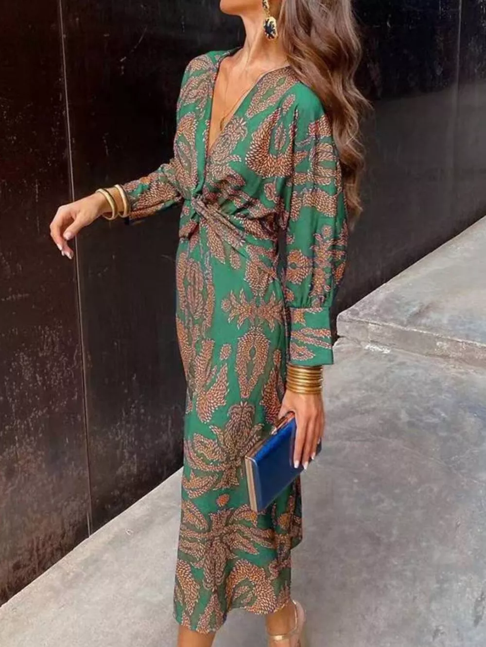 Full Size Printed V-Neck Long Sleeve Twisted Midi Dress Plus Size, image 3