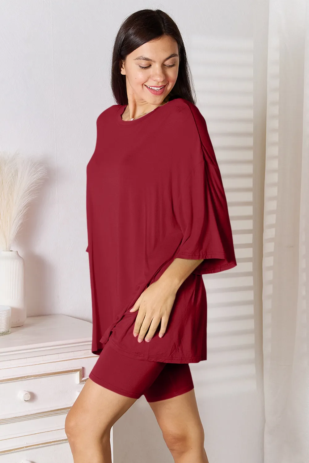 Full Size Soft Rayon Three-Quarter Sleeve Top and Shorts Set, image 29