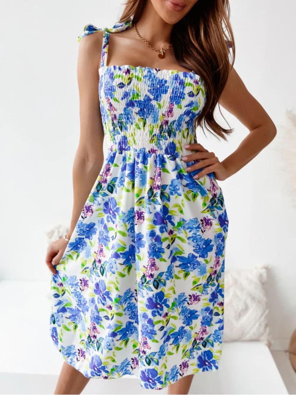 Floral Smocked Bodice Tie Shoulder Summer Dress, image 4