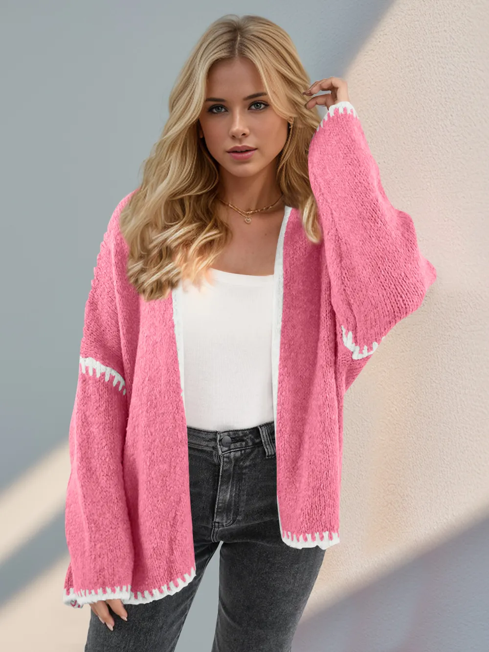 Contrast Open Front Dropped Shoulder Cardigan, image 24
