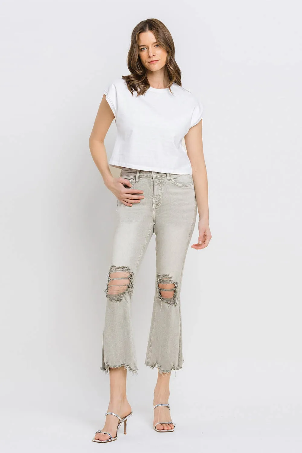 Distressed Raw Hem Cropped Flare Jeans, image 12