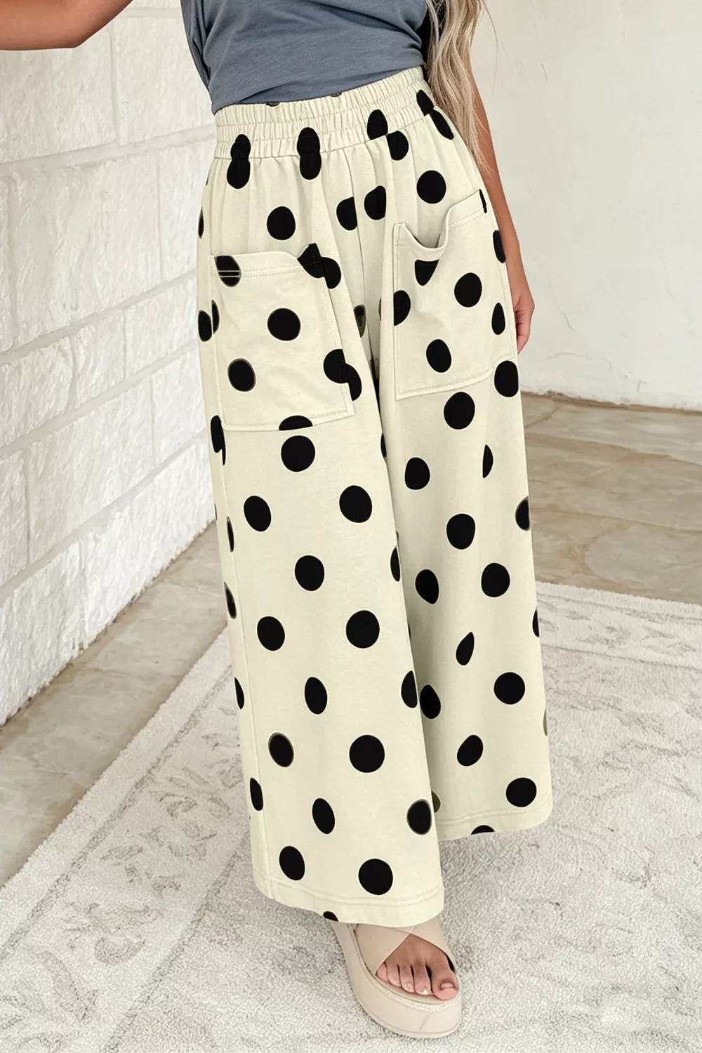 Polka Dot Wide Leg Elastic Waist Casual Pants, image 3