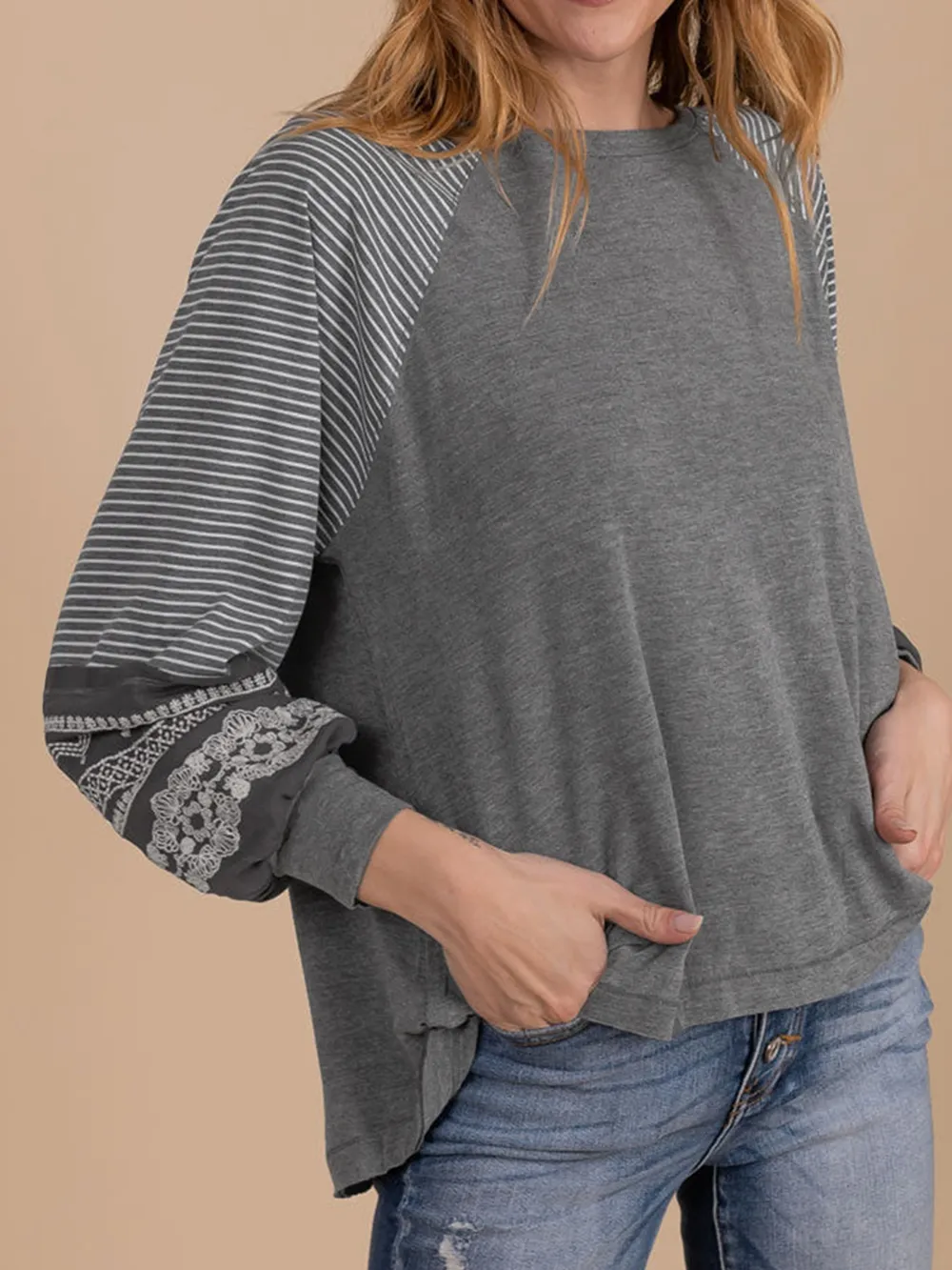 Contrast Print Striped Raglan Long Sleeve Loose Top, image 4