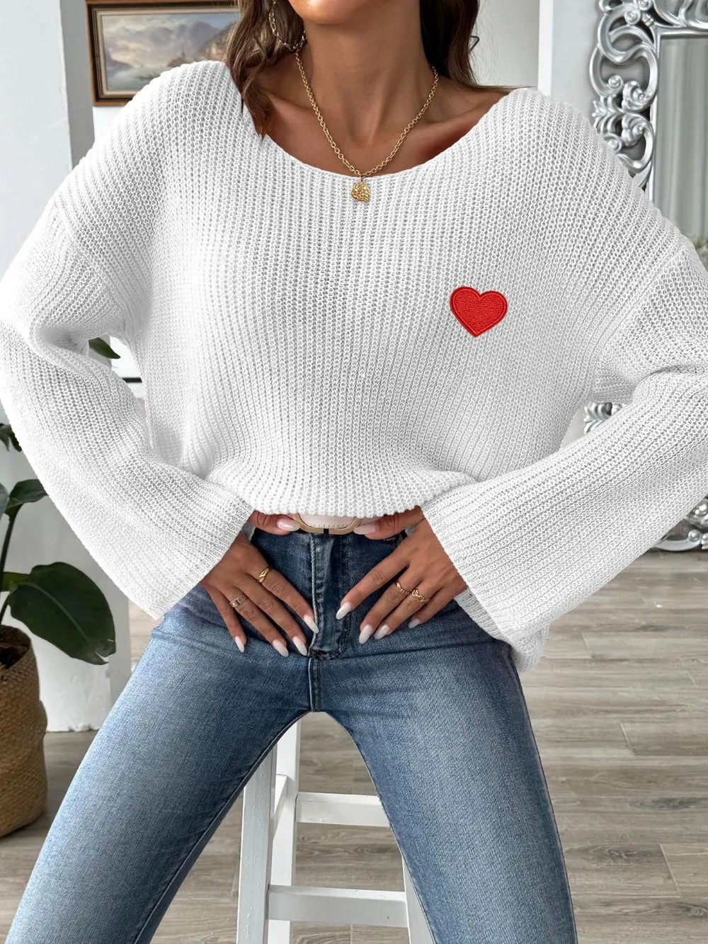 Heart Boat Neck Dropped Shoulder Sweater, image 8