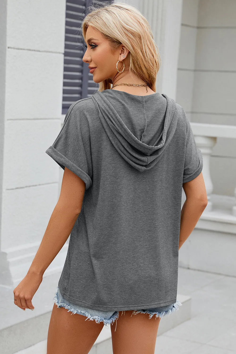 Half Button Drawstring Short Sleeve Hooded T-Shirt, image 32