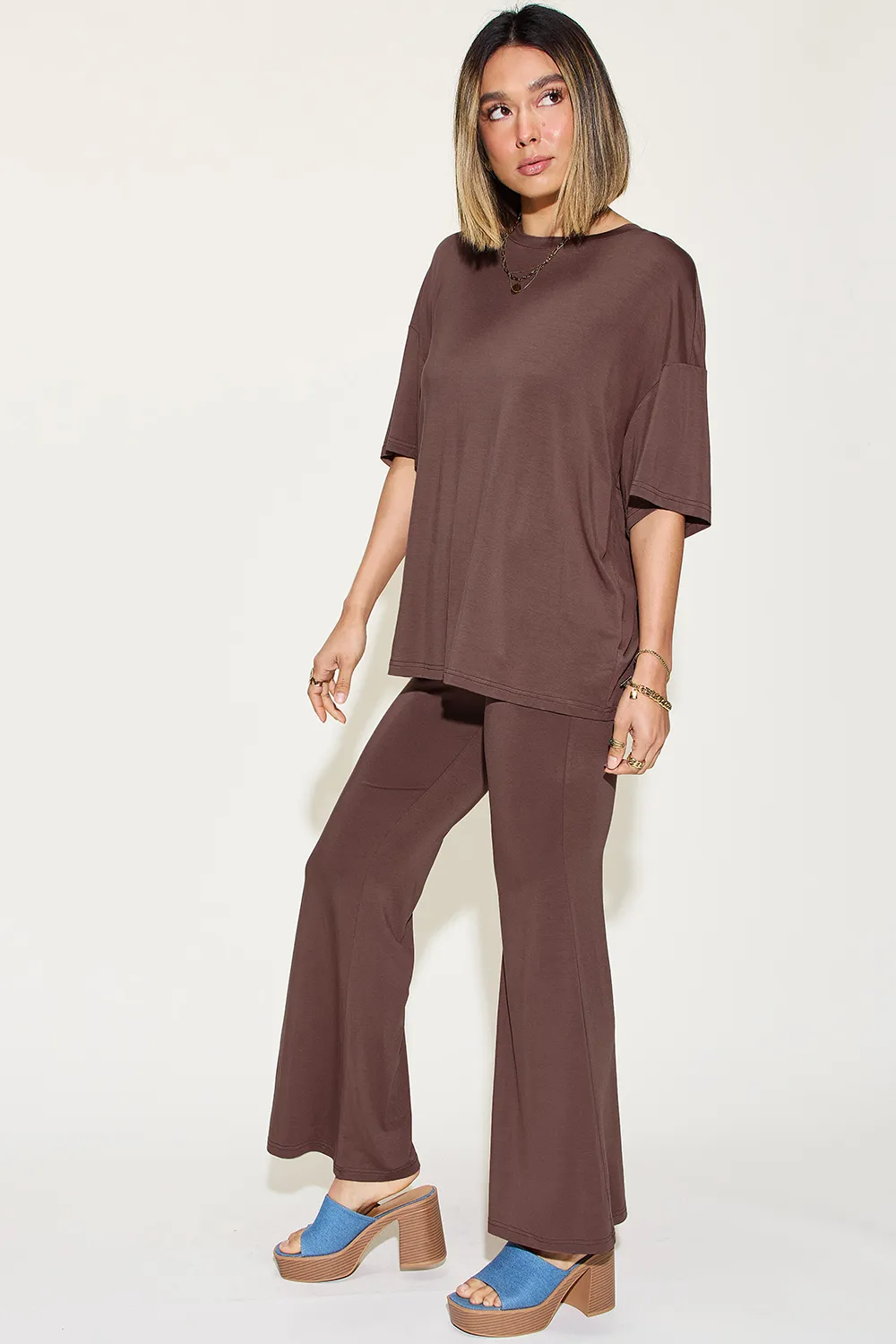 Full Size Bamboo Drop Shoulder T-Shirt and Flare Pants Set, image 13