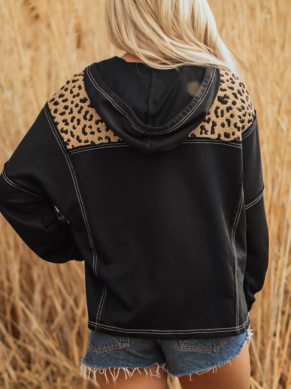 Leopard Patchwork Contrast Stitching Knotted Cuff Quarter Zip Hoodie, image 5