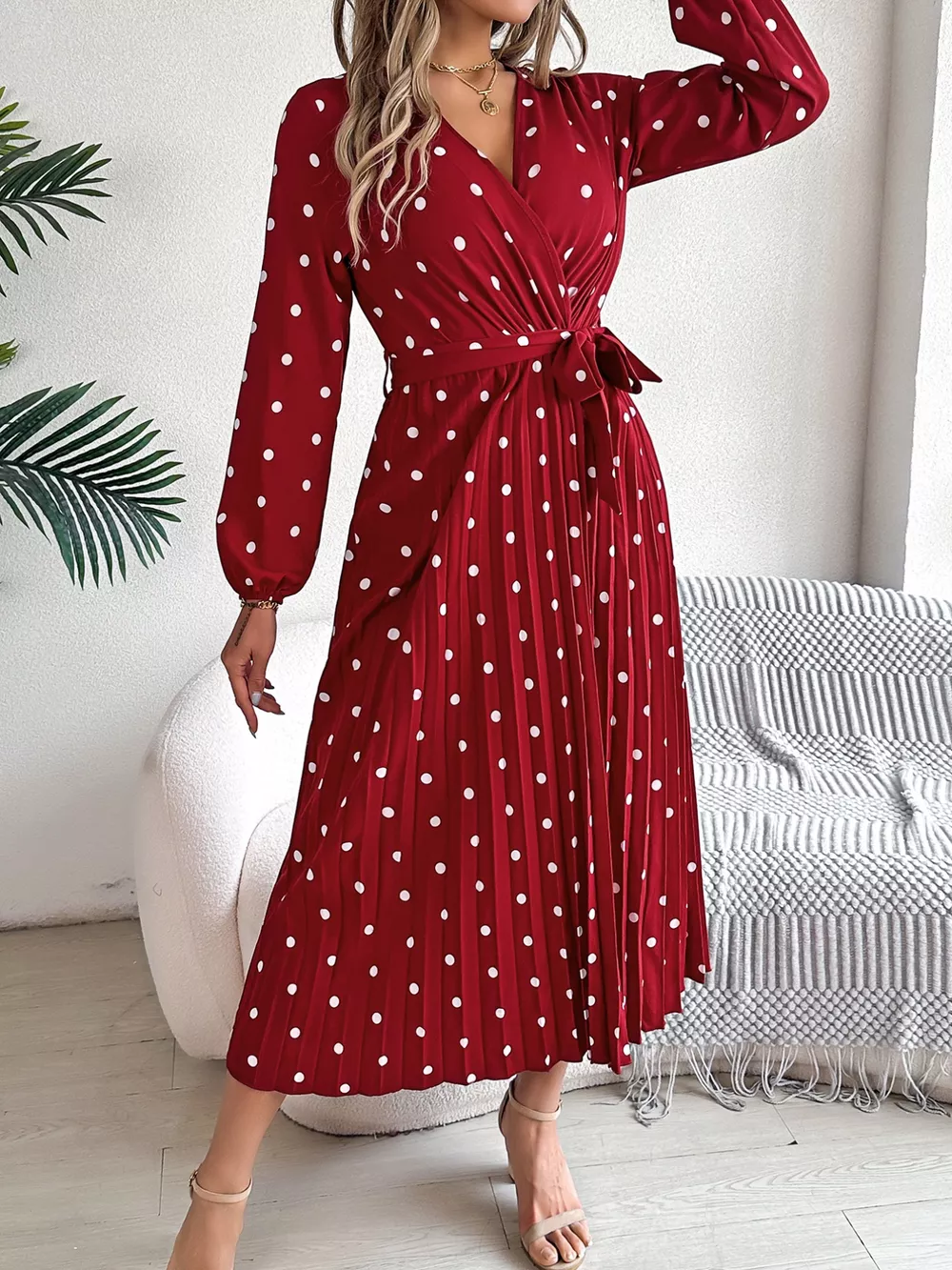 Front Tie Polka Dot Midi Pleated Dress, image 27
