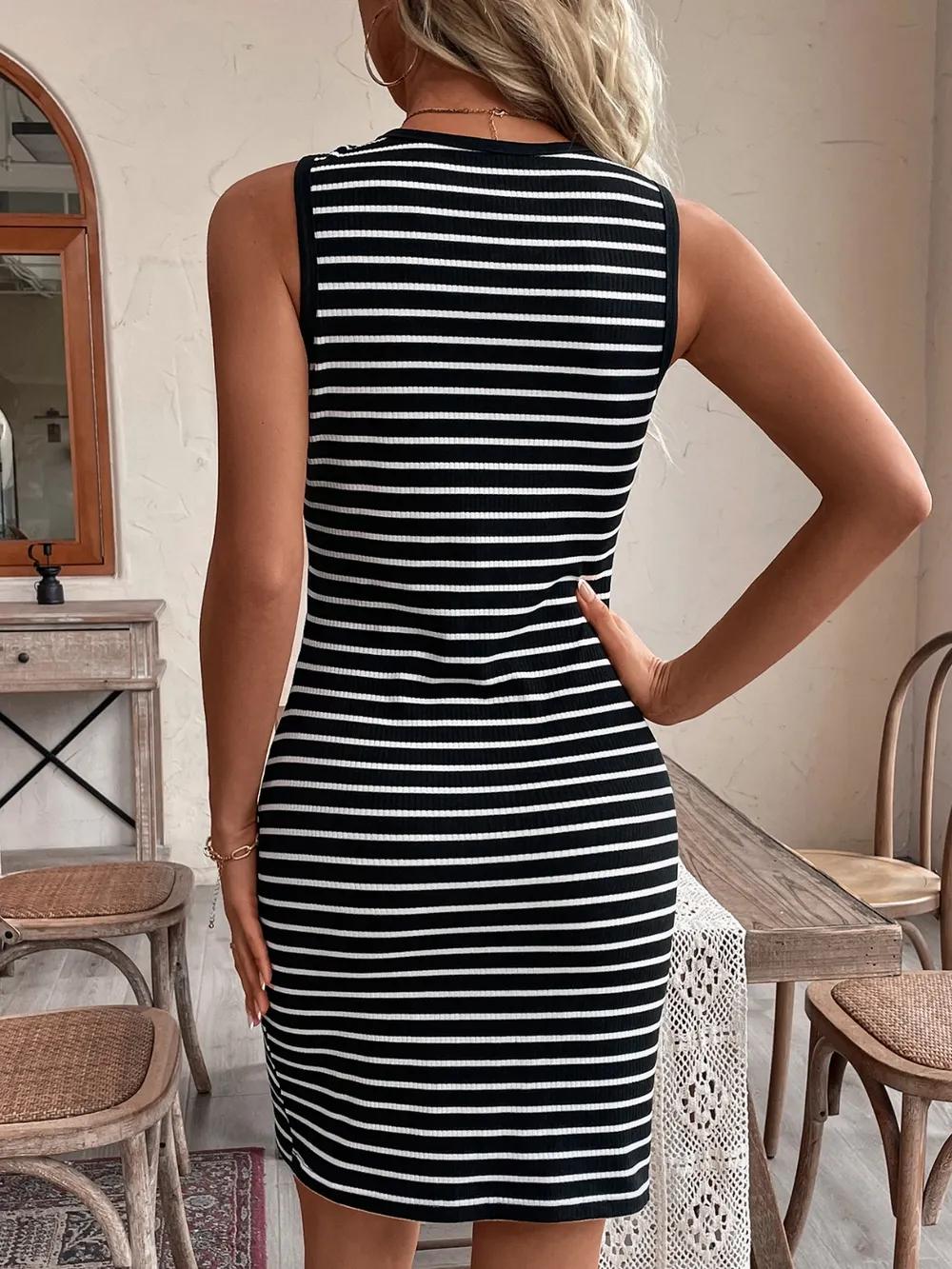 Striped Round Neck Wide Strap Mini Dress, image 2
