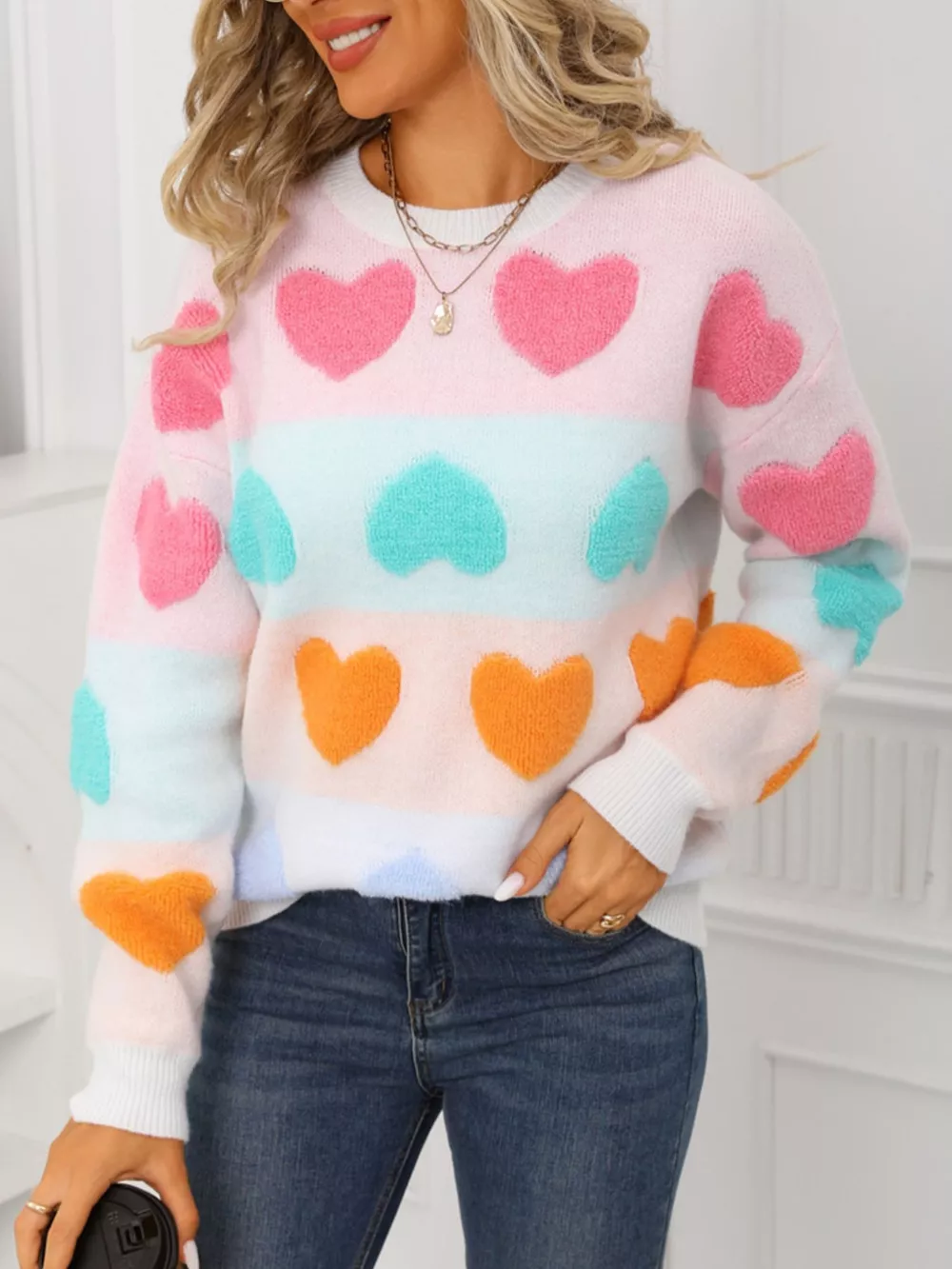 Valentine's Day Heart Pattern Fuzzy Knit Sweater, image 6