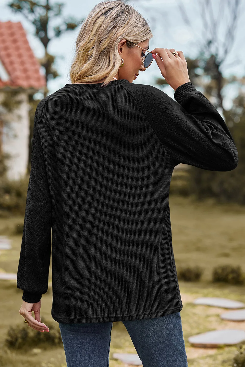 Eyelet Round Neck Long Sleeve T-Shirt, image 9