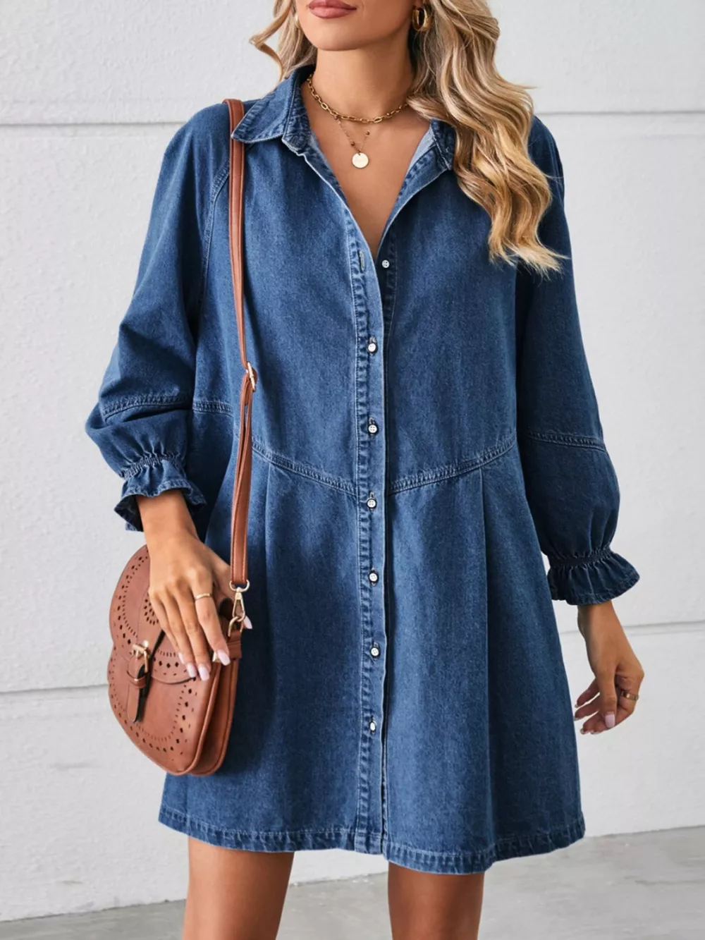 Button Down Ruffle Cuff Denim Dress, image 10