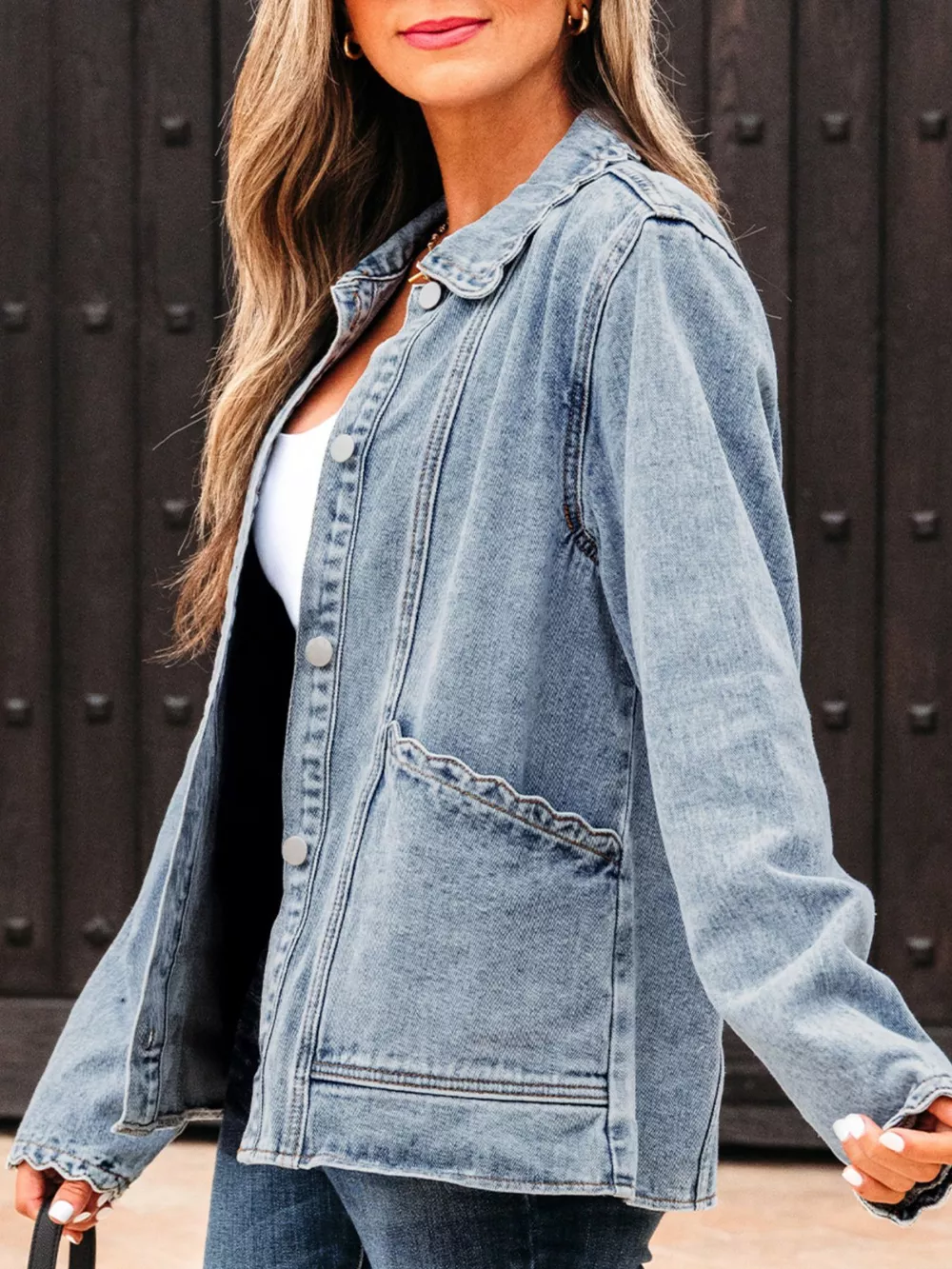 Scallop Trim Collar Patched Pocket Button Up Denim Jacket, image 5