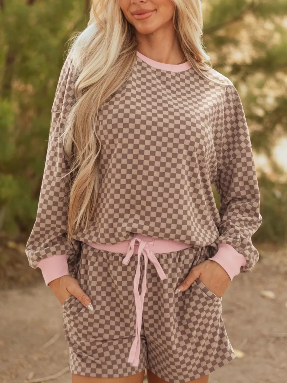 Checkerboard Long Sleeve Pullover and Shorts Set, image 5