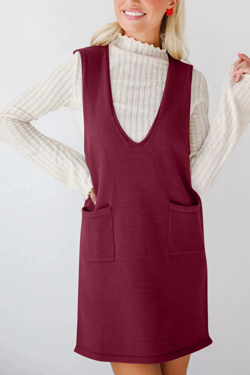 Pocketed V-Neck Mini Sweater Overall Dress, image 5