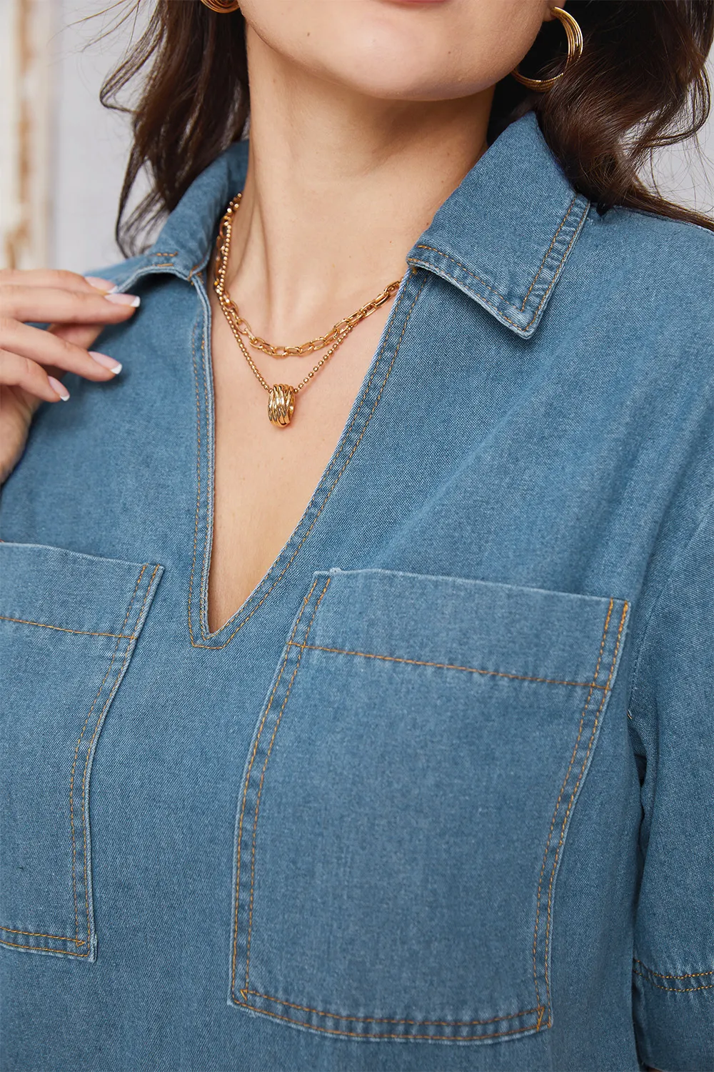 Pocketed Collared Neck Mini Denim Dress, image 8
